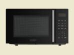 Black KenStar microwave with a tinted window door and vertical control panel on the right