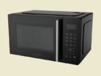 Black microwave oven with a glass door vertical keypad on the right and a silver handle on a pale background