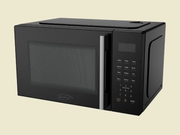 Black microwave oven with a glass door and numeric keypad on the right, brand KenStar visible on the door handle area