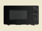 Black KenStar microwave with a vented window door and control panel on the right featuring power and timer dials