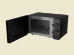 Microwave oven with door open displaying the empty interior and glass turntable on the bottom shelf
