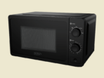 Black countertop microwave oven with a vented door and control knobs on the right branded KenStar