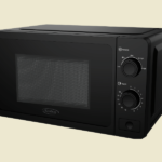 Black countertop microwave oven with a vented door and control knobs on the right branded KenStar