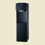 Tall black freestanding water dispenser with hot and cold taps and a drip tray standing against a beige background