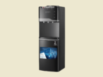 Tall black water cooler dispenser with hotcold taps and a bottom compartment set against a pale background