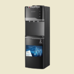 Tall black water cooler dispenser with hotcold taps and a bottom compartment set against a pale background