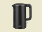 Black cordless electric kettle with a curved side handle and spout KenStar brand on the base set against a beige background