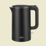 Black cordless electric kettle with a curved side handle and spout KenStar brand on the base set against a beige background