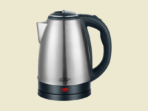 Stainless steel electric kettle with a black handle and base on a pale background ready to boil water