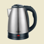 Stainless steel electric kettle with a black handle and base on a pale background ready to boil water