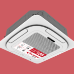 Ceiling mounted HVAC cassette unit with a white square frame and central grille shown against a red background with a red promotional sticker on the unit