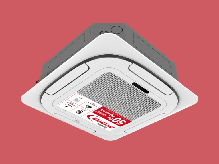 Ceiling mounted HVAC cassette unit with a white square frame and central grille shown against a red background with a red promotional sticker on the unit