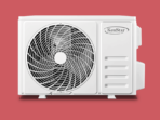 White KenStar outdoor air conditioner unit with a circular fan grille against a red background