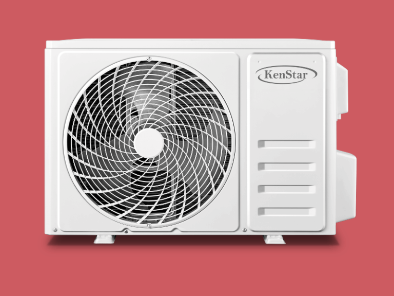 White KenStar outdoor air conditioner unit with a circular fan grille against a red background