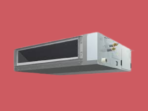 Angled view of a grey electronic server module with an open front bay and connectors on the right against a red background