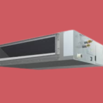 Angled view of a grey electronic server module with an open front bay and connectors on the right against a red background