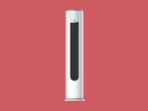 White freestanding tower fan with a black grill set against a red background centered image