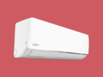 White wall mounted split air conditioner indoor unit with a Kenstar logo against a red background