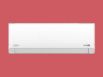 White wall mounted air conditioner unit with an inverter label set against a red background showing the front panel and vents clearly visible on the bottom edge