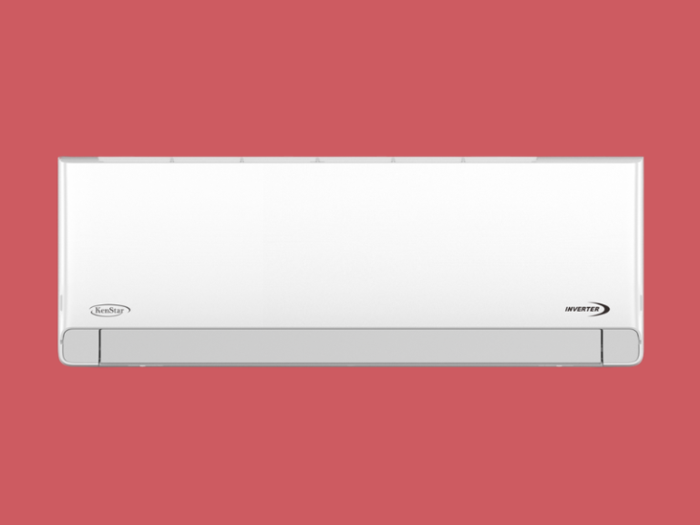 White wall mounted air conditioner unit with an inverter label set against a red background showing the front panel and vents clearly visible on the bottom edge