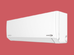 White wall mounted air conditioner indoor unit with inverter branding on a red background