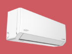 White wall mounted split air conditioner unit with KenStar logo against a red background