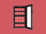 Black beverage refrigerator with a transparent door open four shelves full of red and white soda cans against a red backdrop