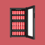 Black beverage refrigerator with a transparent door open four shelves full of red and white soda cans against a red backdrop