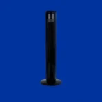 Tower style black electric fan standing upright on a blue background