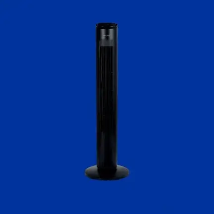 Tower-style black electric fan standing upright on a blue background.