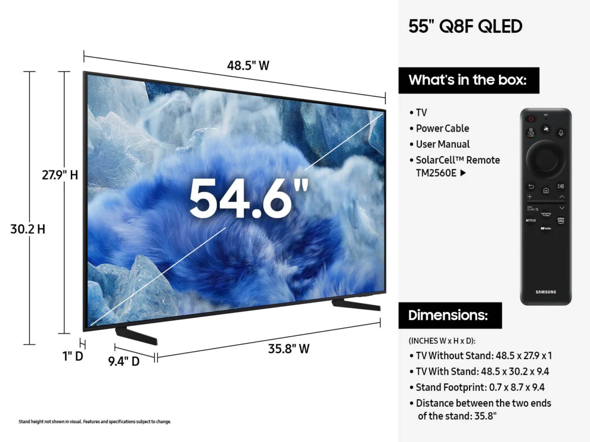 Samsung 55 Inch QLED 4K AI Smart TV QA55Q8F 2025 dimension