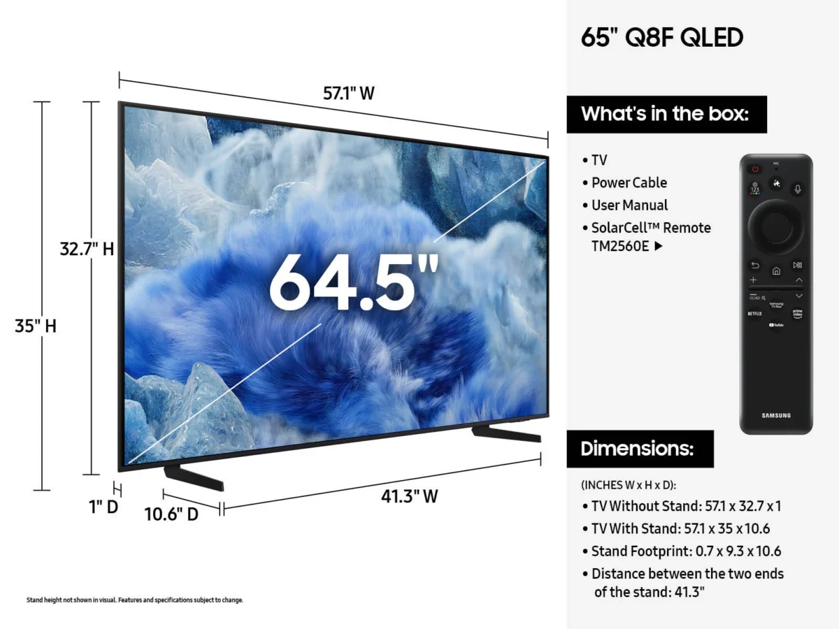 Samsung 65 Inch QLED 4K AI Smart TV QA65Q8F 2025 dimension