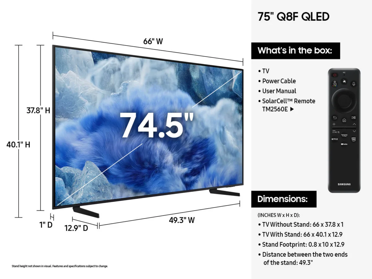 Samsung 75 Inch QLED 4K AI Smart TV QA75Q8F 2025 dimension