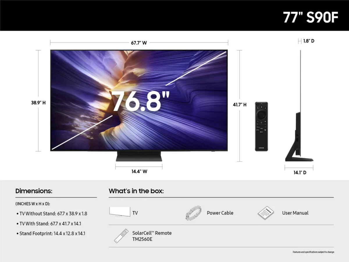 Samsung 77 Inch OLED AI Smart TV QA77S90F 2025 dimension