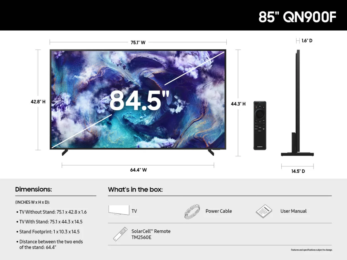 Samsung 85 Inch Neo QLED 8K Smart TV QA85QN900F 2025 dimension
