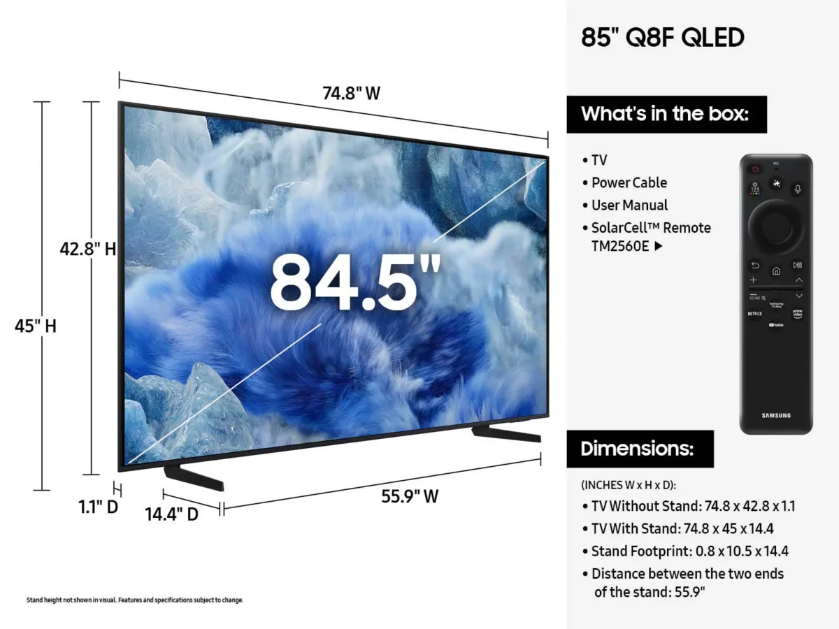 Samsung 85 Inch QLED 4K AI Smart TV QA85Q8F 2025 dimension