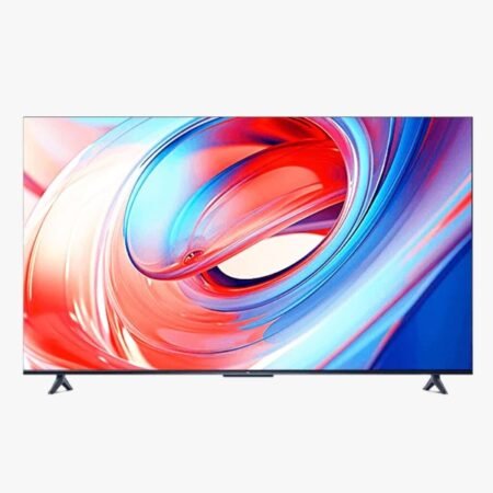 Flat-screen television shows a vibrant abstract swirl of red, blue, and white on its screen.