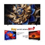 Large flat screen TV with an ornate gold and blue design promotional banner below reads Buy and GET all items FREE with two smaller TVs beside it