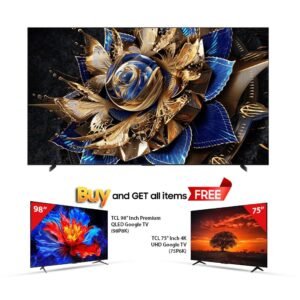 Large flat screen TV with an ornate gold and blue design promotional banner below reads Buy and GET all items FREE with two smaller TVs beside it