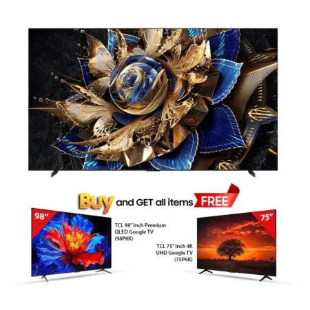 Large flat-screen TV with an ornate gold-and-blue design; promotional banner below reads 'Buy and GET all items FREE' with two smaller TVs beside it.