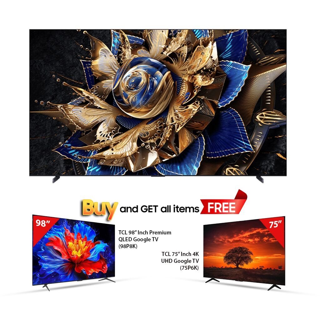 Large flat screen TV with an ornate gold and blue design promotional banner below reads Buy and GET all items FREE with two smaller TVs beside it