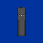 Tall black water cooler with three taps red white blue against a blue background