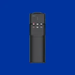 Tall black water cooler with three taps red white blue against a blue background