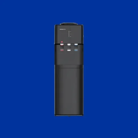 Tall black water cooler with three taps (red, white, blue) against a blue background.