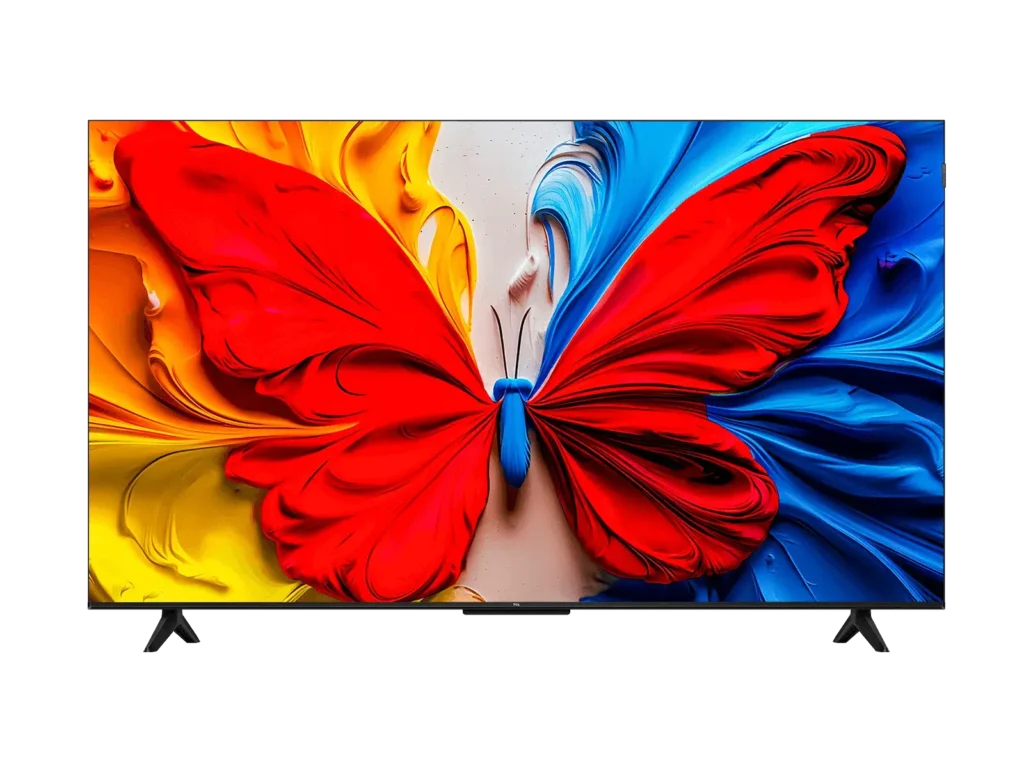 Flat screen TV showing a vibrant abstract butterfly made of red yellow and blue swirls on the screen