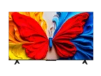 Flat screen TV showing a vibrant abstract butterfly made of red yellow and blue swirls on the screen