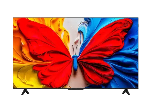 Flat-screen TV showing a vibrant abstract butterfly made of red, yellow, and blue swirls on the screen.
