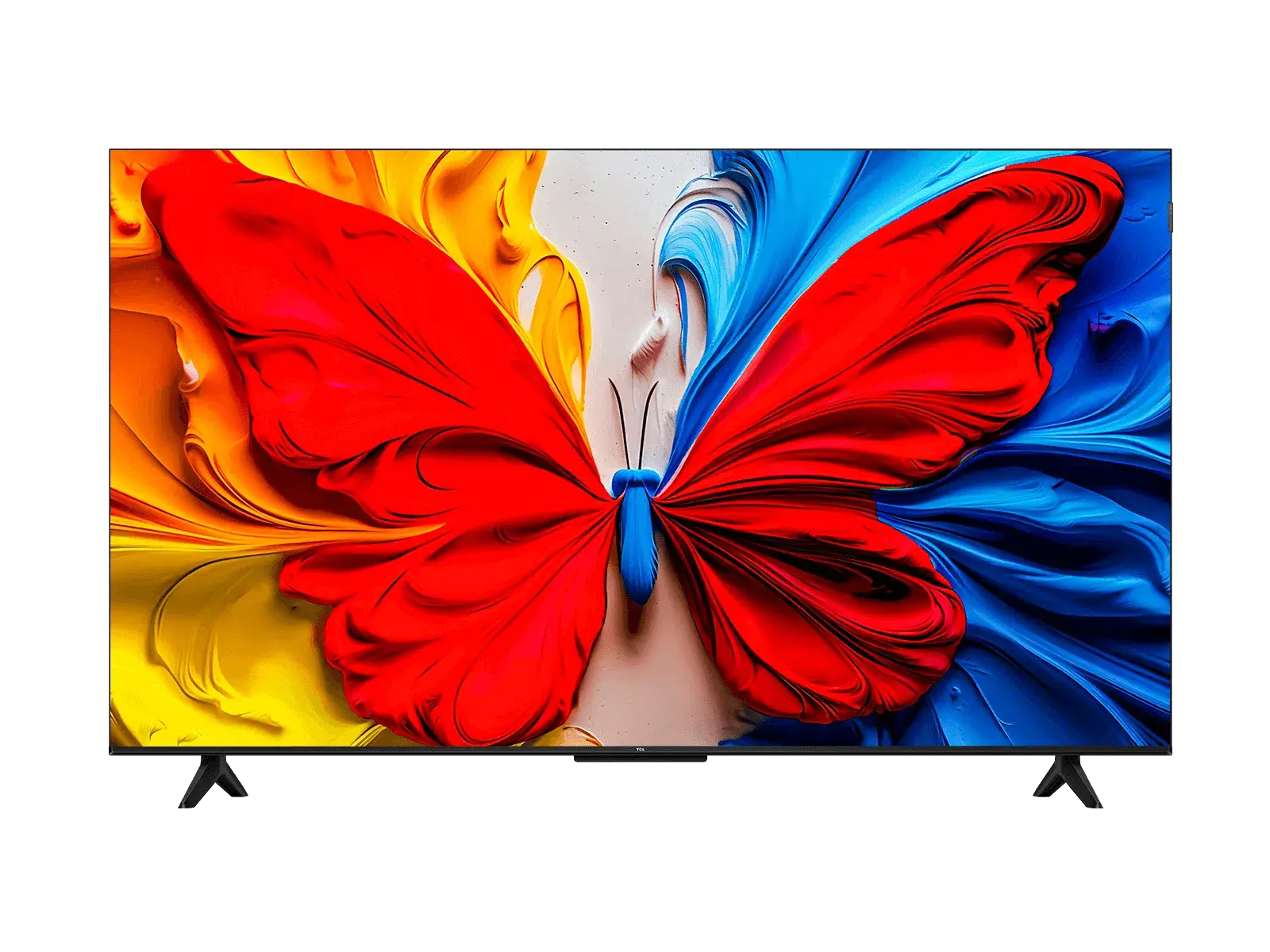 TCL 50Inch S5K QLED Full HD Smart Google TV Front | Mitos Shoppers Flat screen TV showing a vibrant abstract butterfly made of red yellow and blue swirls on the screen