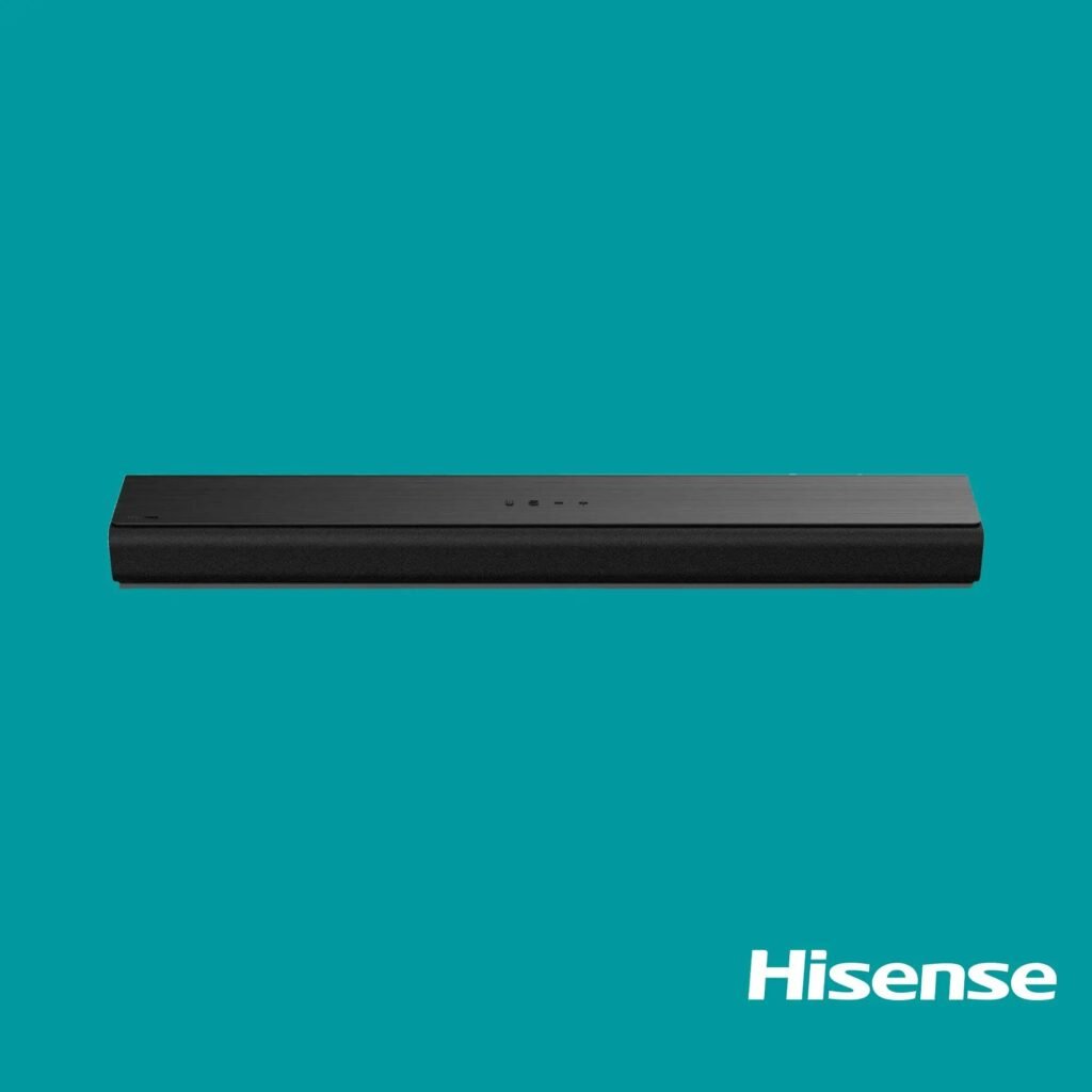 Teal banner background with a partial white Hisense logo visible at the bottom right corner