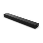 Black slim soundbar speaker shown diagonally across a white background with subtle control buttons along the top edge